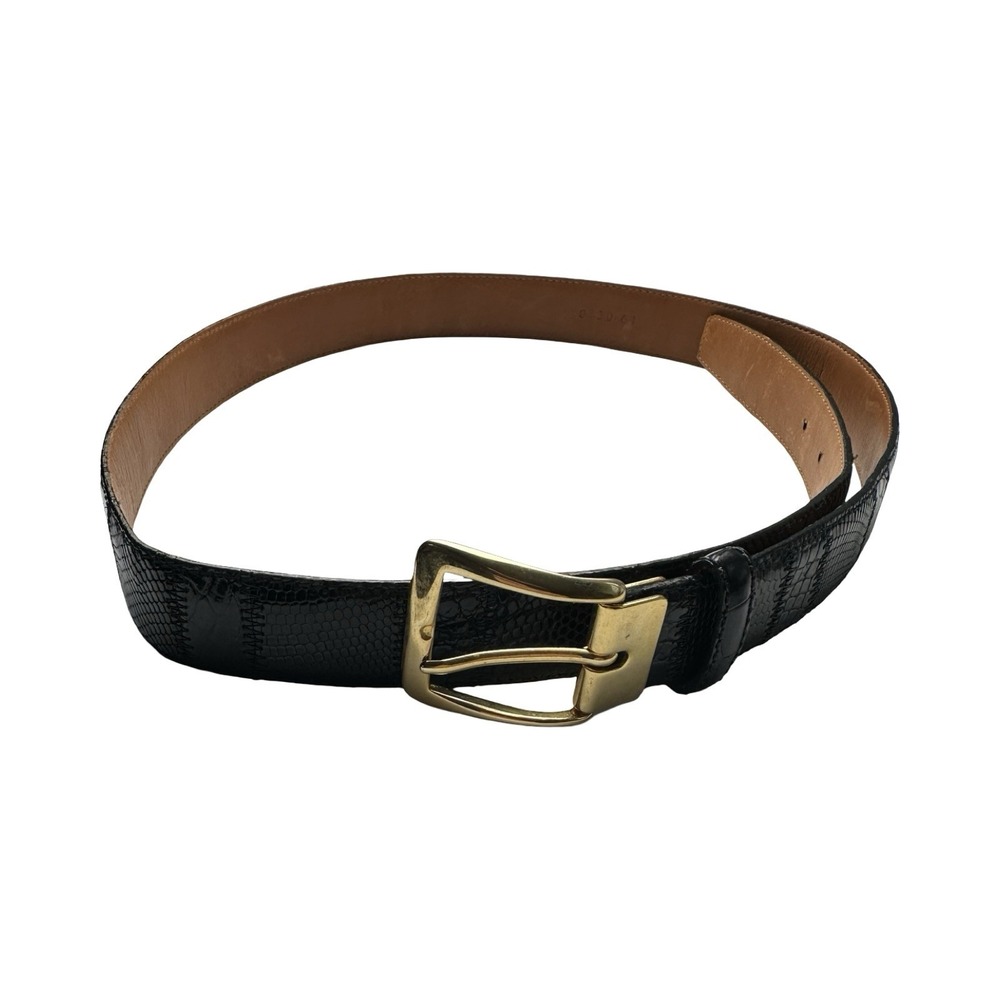 Bespoke Black Crocodile Lizard Patchwork Mens Belt Brass Buckle Size 36 NWOT